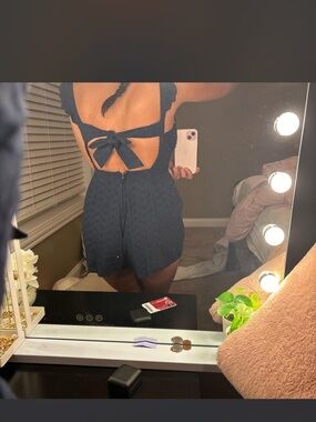 Francesca’s Crochet Navy Romper ruffle blue floral lace